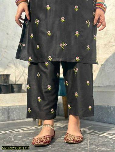 2pcs women stitched linen Embroidered shirt and trouser 