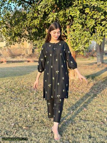 2pcs women stitched linen Embroidered shirt and trouser 