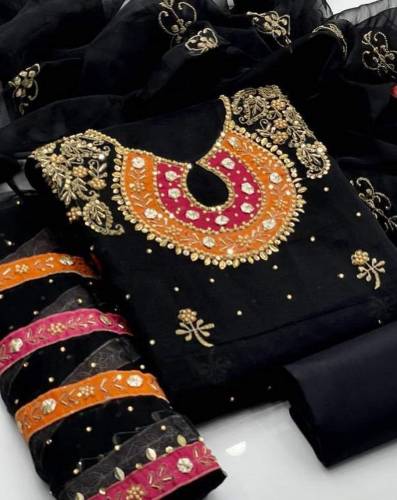 3 Pcs Organza Apliq Zari Gotta Work Shirt And Dupata Qattan Silk Trous
