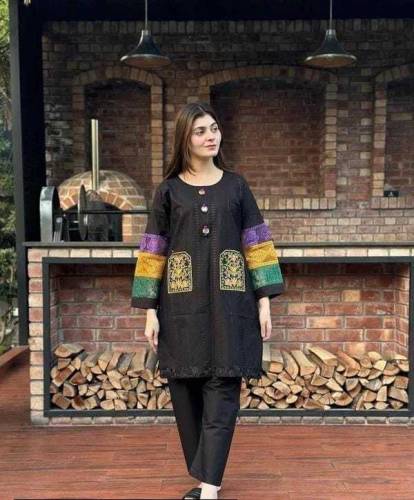 2 Pcs Women's Stitched Cotton Embroidered Shirt And Trouser