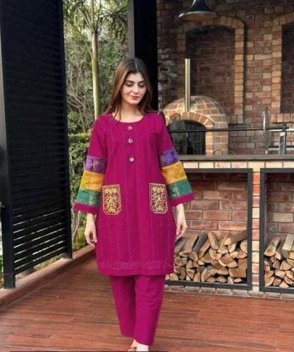 2 Pcs Women's Stitched Cotton Embroidered Shirt And Trouser