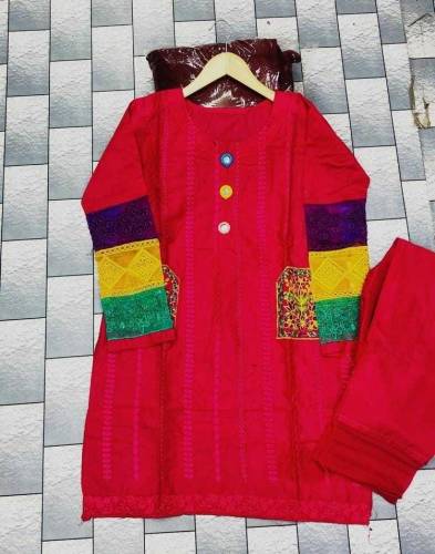 2 Pcs Women's Stitched Cotton Embroidered Shirt And Trouser