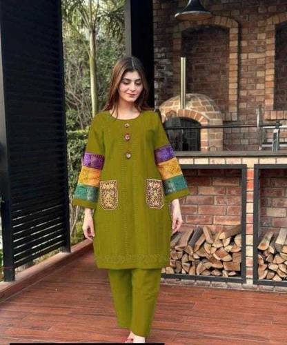 2 Pcs Women's Stitched Cotton Embroidered Shirt And Trouser