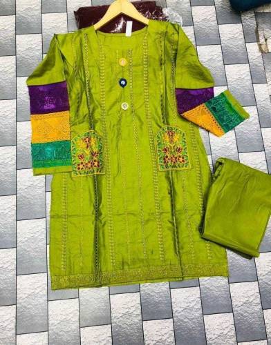 2 Pcs Women's Stitched Cotton Embroidered Shirt And Trouser