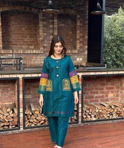 2 Pcs Women's Stitched Cotton Embroidered Shirt And Trouser