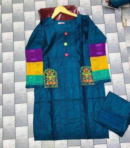 2 Pcs Women's Stitched Cotton Embroidered Shirt And Trouser