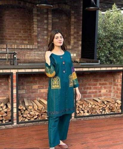 2 Pcs Women's Stitched Cotton Embroidered Shirt And Trouser