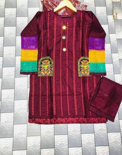 2 Pcs Women's Stitched Cotton Embroidered Shirt And Trouser