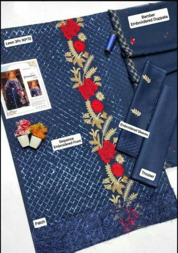 3 Pcs women unstitched lawn Embroidered suit