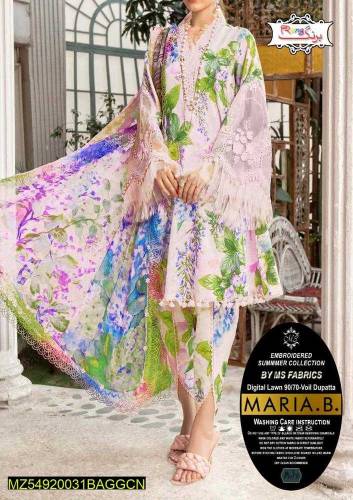 3 pcs women's unstitched lawn embroidered suit 