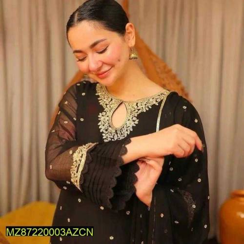3 pcs women's stitched organaza embroidered suit Eid online shopping c