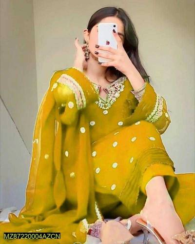 3 pcs women's stitched organaza embroidered suit Eid online shopping c
