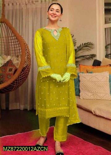 3 pcs women's stitched organaza embroidered suit Eid online shopping c