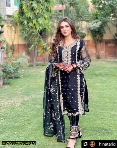 3 pcs women's stitched organaza embroidered suit Eid online shopping c