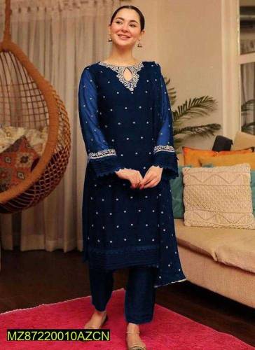 3 pcs women's stitched organaza embroidered suit Eid online shopping c