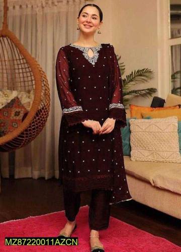 3 pcs women's stitched organaza embroidered suit Eid online shopping c