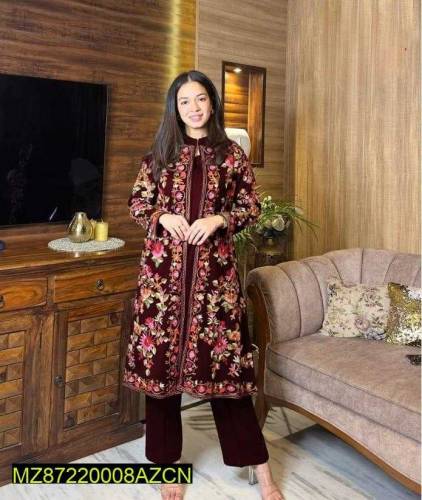 3 pcs women's stitched organaza embroidered suit Eid online shopping c