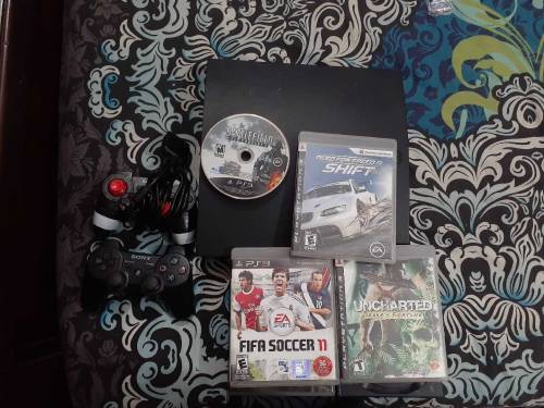 PS3 SLIM with 17 cds and 2 controller one controller is damaged but wo