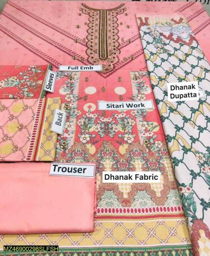 this is 3pieces unstiched dhank embroidered suit