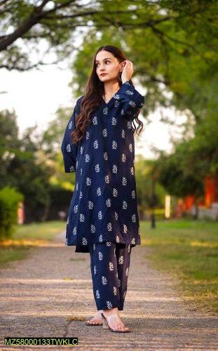 2 PC Woman Stiched  linen Printed