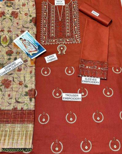 3pcs Women's Stitched Lawn Embroidered Suit