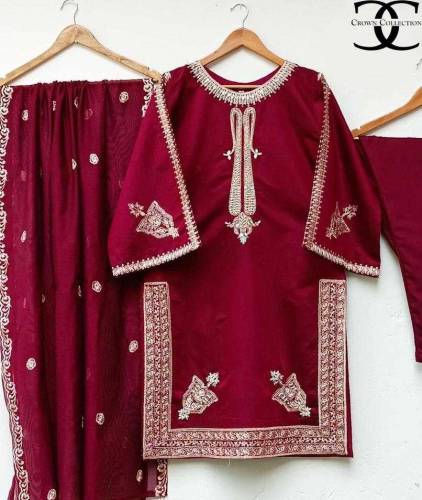 3Pcs Women's Stitched Shamoz Slik Embroidered Shirt and troueser 
