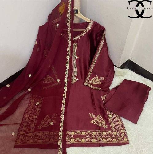 3Pcs Women's Stitched Shamoz Slik Embroidered Shirt and troueser 