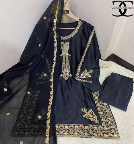 3Pcs Women's Stitched Shamoz Slik Embroidered Shirt and troueser 