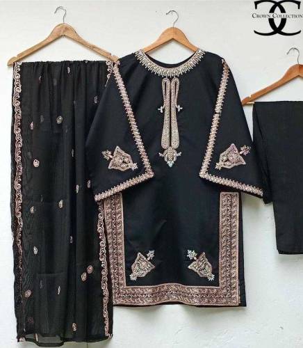 3Pcs Women's Stitched Shamoz Slik Embroidered Shirt and troueser 