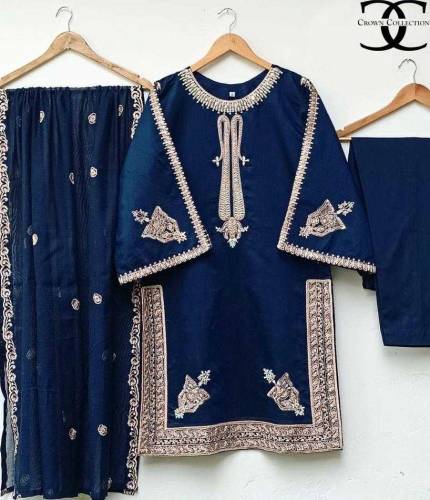 3Pcs Women's Stitched Shamoz Slik Embroidered Shirt and troueser 