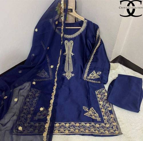 3Pcs Women's Stitched Shamoz Slik Embroidered Shirt and troueser 