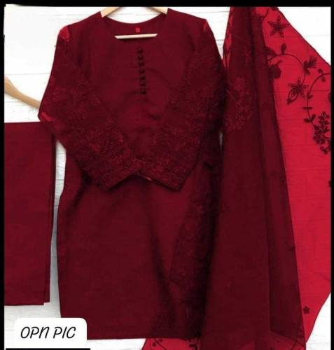 3Pcs Women's Stitched Organza Embroidered Suit 