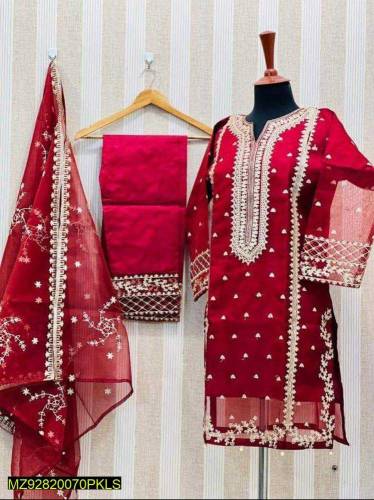 3 psc stiched women organza embroided suit
