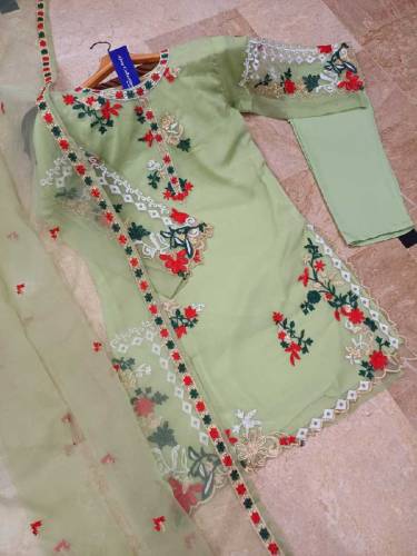 Neck BellBottom Border Flower Embroidery Maxi With Emb Dupatta 3Pcs