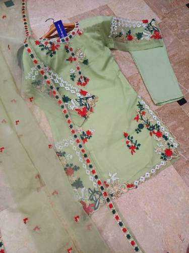Neck BellBottom Border Flower Embroidery Maxi With Emb Dupatta 3Pcs