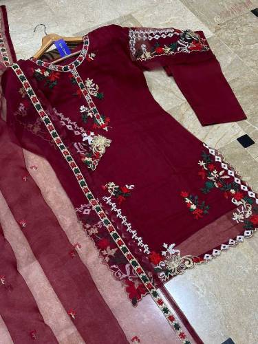Neck BellBottom Border Flower Embroidery Maxi With Emb Dupatta 3Pcs