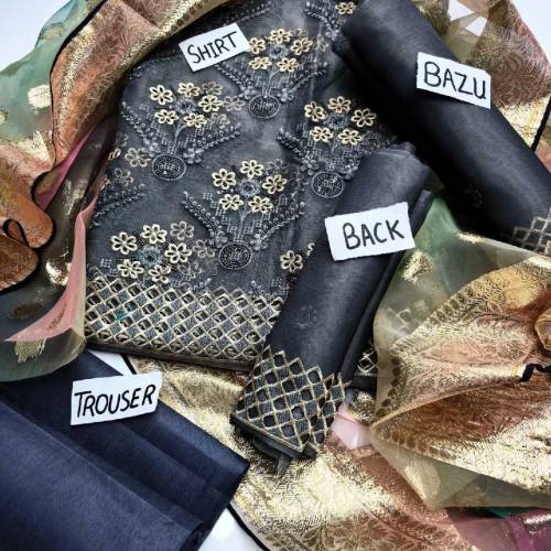 #*Newest organza  3pc🥰*Cut Work Beautiful Daman Shirt*Sleeves* embroid