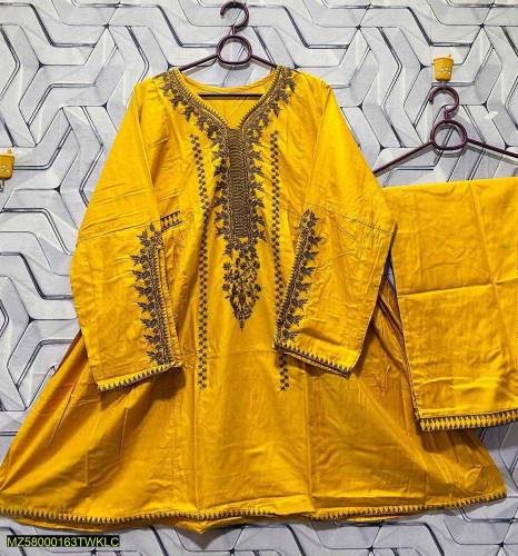 2Pc women's Stitched Linen embroidered suit 