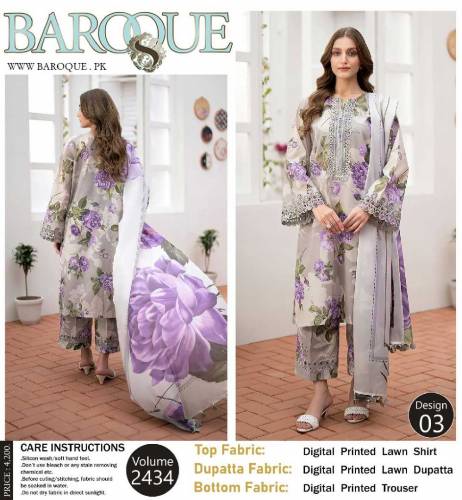 3 Pcs Women's Unstitched dress lawn