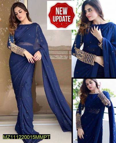 woman's crinkle chiffon sequins embroidered stitched saree