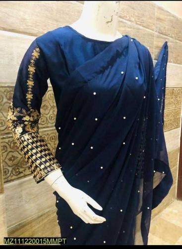 woman's crinkle chiffon sequins embroidered stitched saree