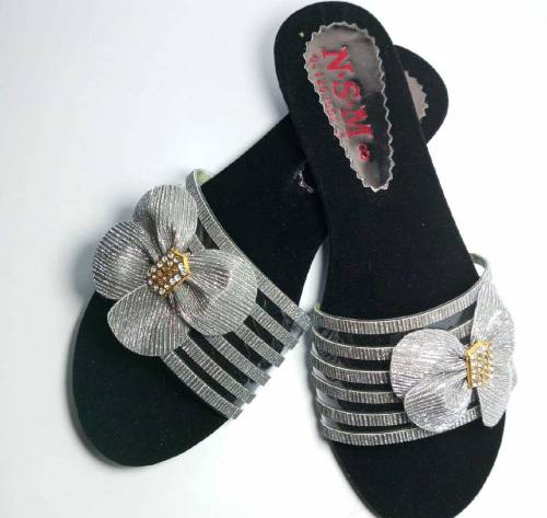Woman Silver Flower Flats 