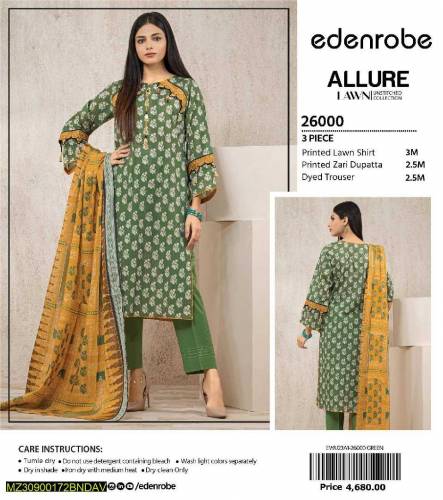3 Pcs Women's unstitched lawn suit