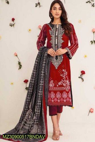 3 Pcs Women's unstitched lawn suit 