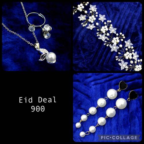 Eid Special Deal Pearl Earrings Hair Crown & Pendant Set