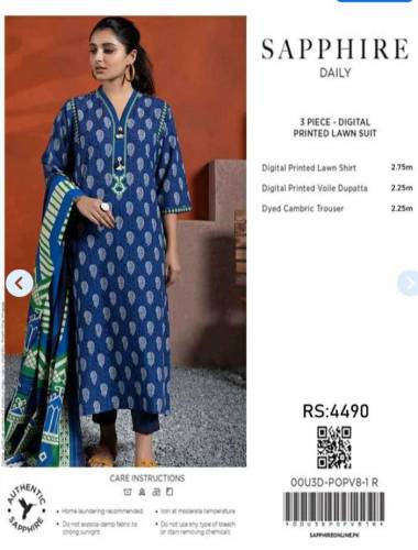 sapphire printed 3 piece lawn suit 