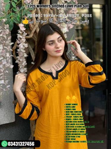 3 Pcs Women's Stitched Lawn Plain Suit 
