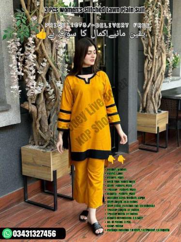 3 Pcs Women's Stitched Lawn Plain Suit 