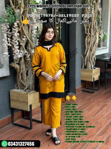 3 Pcs Women's Stitched Lawn Plain Suit 