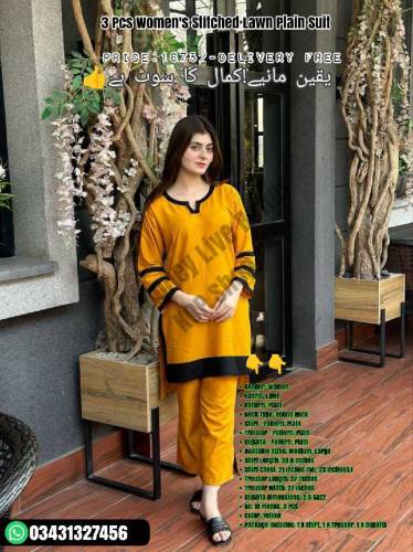 3 Pcs Women's Stitched Lawn Plain Suit 
